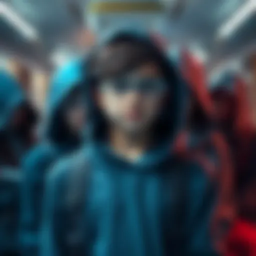 A high school student surrounded by hooded robes and custom gear, planning for prom elections