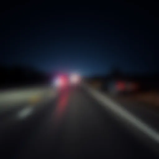 A dark highway with a car crashed on the side and lights in the distance, symbolizing the unresolved case of Maura Murray's disappearance
