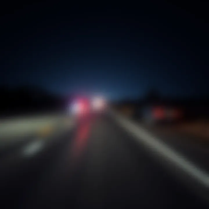 A dark highway with a car crashed on the side and lights in the distance, symbolizing the unresolved case of Maura Murray's disappearance