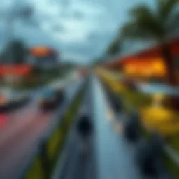 A modern highway with a tea-centric mall alongside, featuring cozy seating areas and greenery, ideal for relaxation and community interaction.