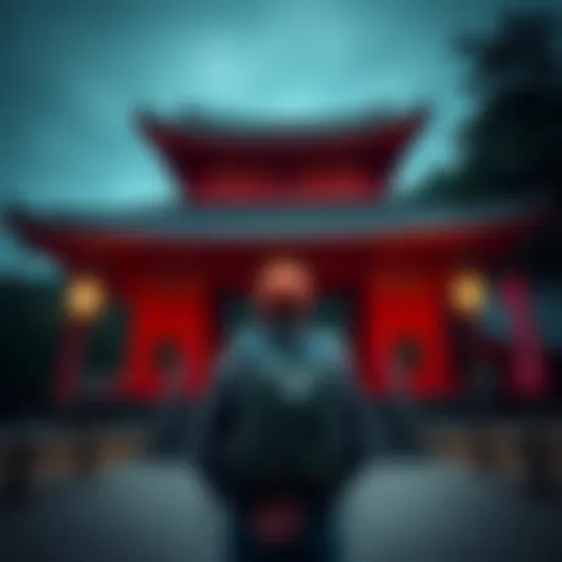 A hiker stands at the entrance of Hyaku-Shaku Kannon Temple, showing signs of respect with hands clasped in prayer.