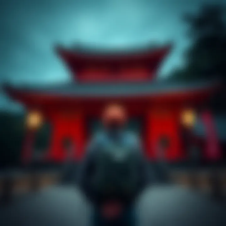 A hiker stands at the entrance of Hyaku-Shaku Kannon Temple, showing signs of respect with hands clasped in prayer.
