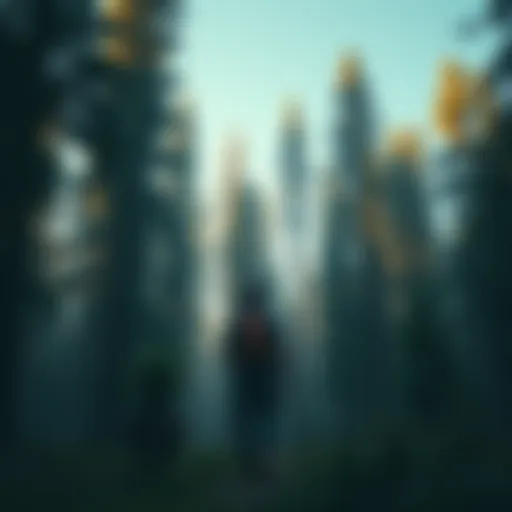 A lone hiker stands in a dense New Mexico forest, looking up at towering trees, with a hint of unease on their face as the atmosphere feels tense.