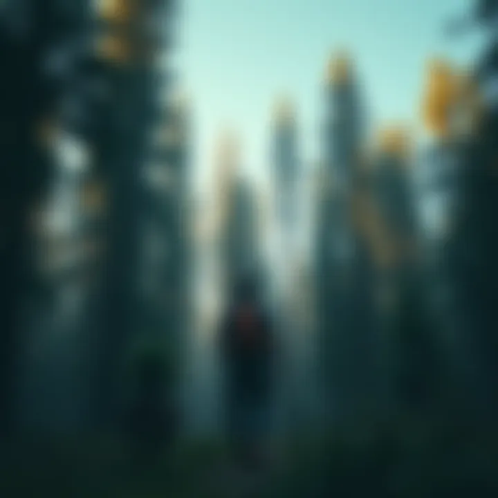 A lone hiker stands in a dense New Mexico forest, looking up at towering trees, with a hint of unease on their face as the atmosphere feels tense.