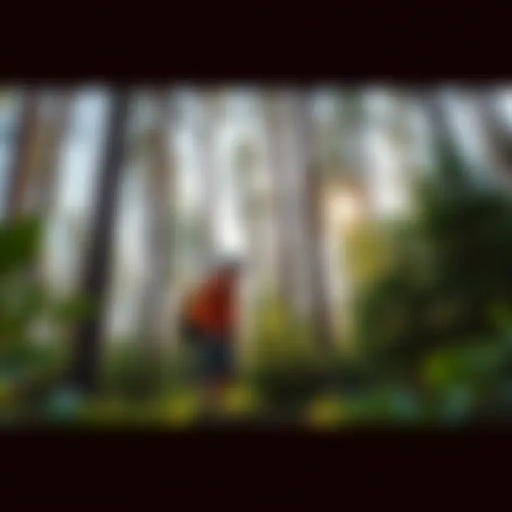A hiker looks around in a dense forest, searching for signs of Bigfoot, surrounded by tall trees and greenery.