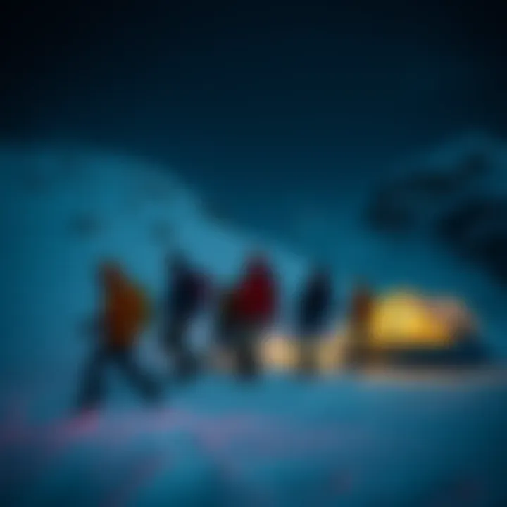 A group of hikers leaving their tent in the Ural Mountains at night, looking frightened and underdressed for the cold, with snow surrounding them