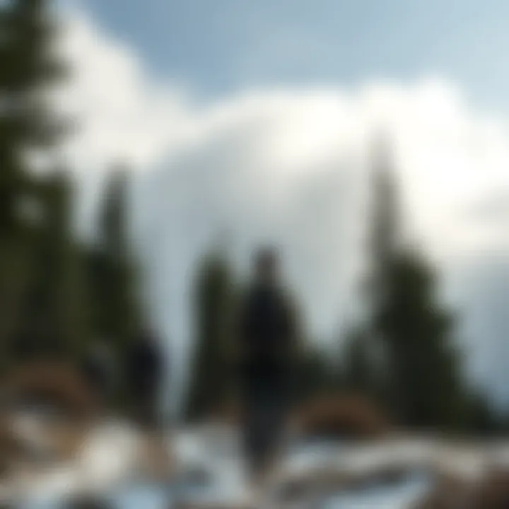 A group of hikers in the Khamar Daban Mountains surrounded by thick trees and snow-covered ground, with one person looking back as if searching for something. The sky is cloudy, adding a somber mood to the scene.