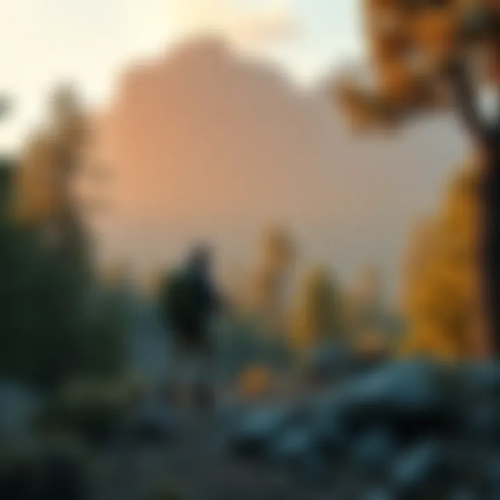 A person hiking in Northern Nevada's wilderness, looking for cryptids, surrounded by trees and rocks.