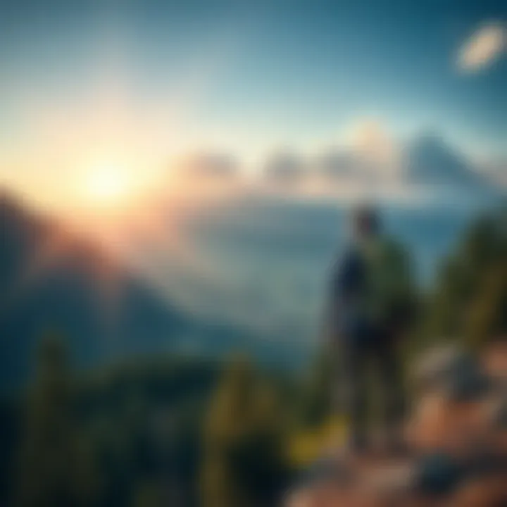 A person with a backpack enjoying a scenic view of mountains and trees while hiking