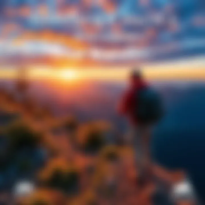 A person hiking on a mountain trail A traveler with a backpack enjoys a scenic view from a mountain peak, embodying a spirit of exploration