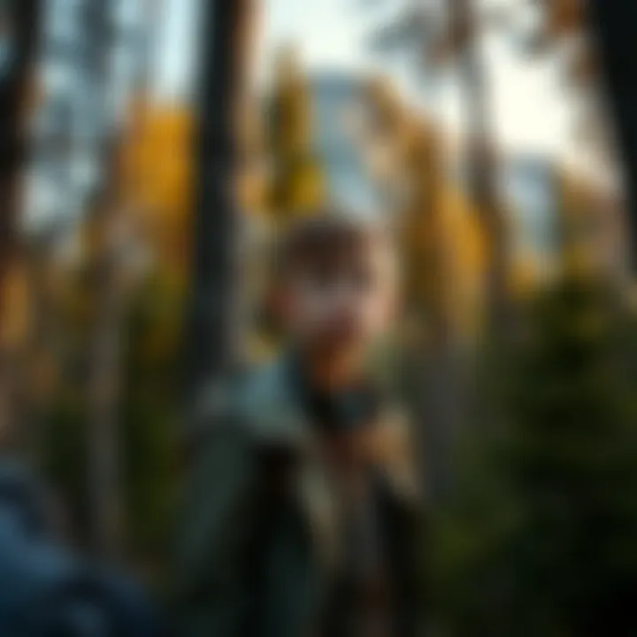 A young boy lost in the woods of Mt Katahdin, looking worried and disoriented among tall trees