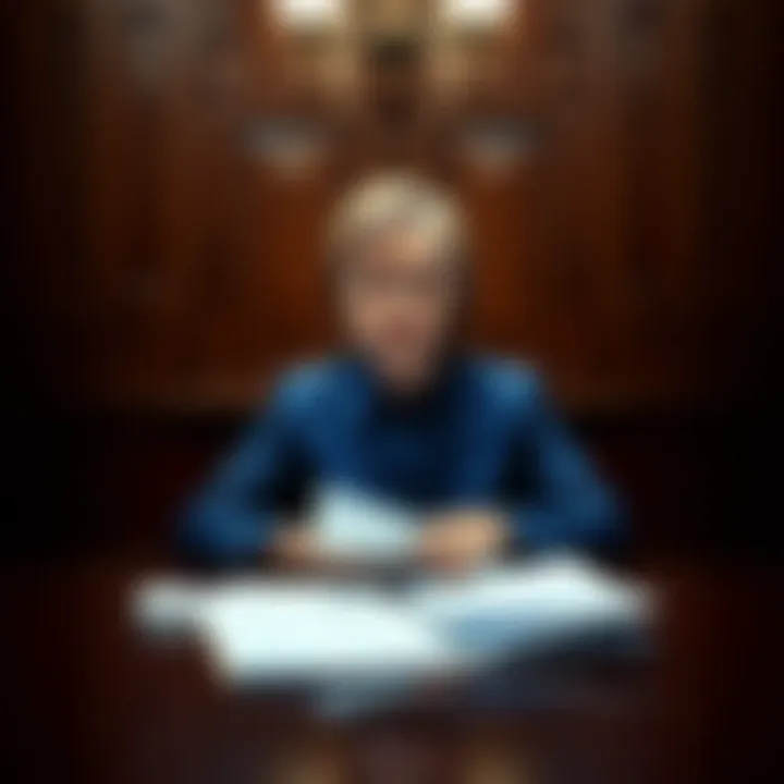 Hillary Clinton seated at a table during her deposition with legal documents in front of her, reflecting a tense atmosphere around the discussion of political narratives.