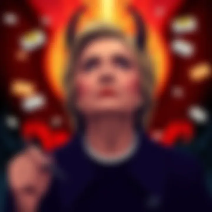 An illustration showing Hillary Clinton with symbolic elements representing conspiracy theories, including a figure of Moloch and email icons.