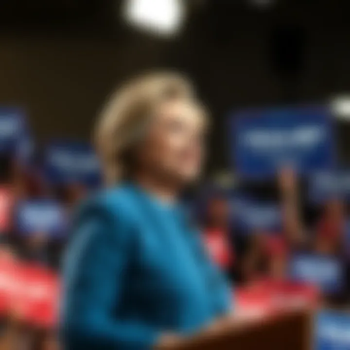 Hillary Clinton at a rally, addressing supporters, with signs in the background promoting her campaign.