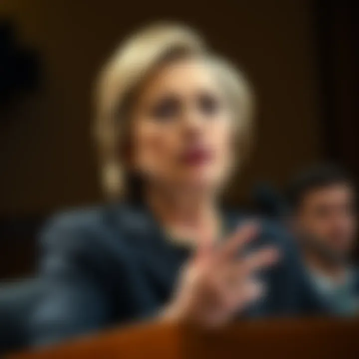 Hillary Clinton speaking during her testimony, with a serious expression and addressing the audience.