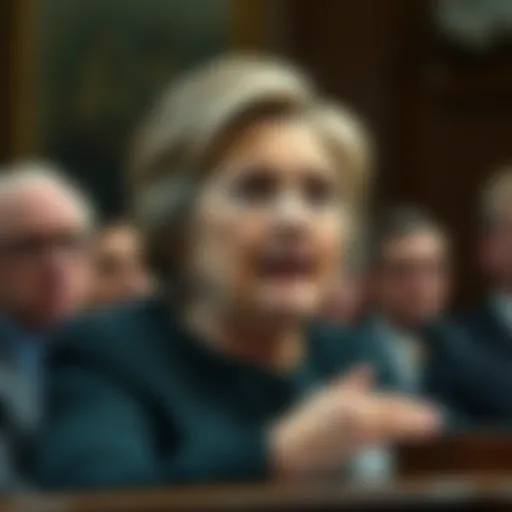 Hillary Clinton speaking at a Congressional hearing, referencing Gilgamesh and UAPs, with a backdrop of lawmakers listening intently.