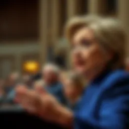 Hillary Clinton speaking at a Congressional hearing about UAPs and Gilgamesh, with an attentive audience in the background.