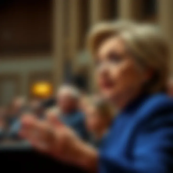 Hillary Clinton speaking at a Congressional hearing about UAPs and Gilgamesh, with an attentive audience in the background.