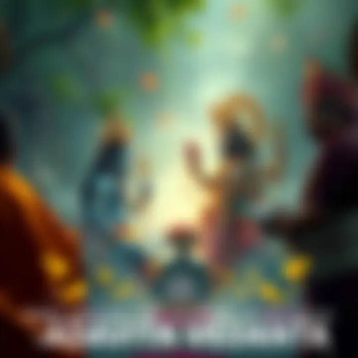 Hindu Deities Worship A serene setting showing devotees offering prayers to deities Shiva and Vishnu, symbolizing the duality and non-duality in Advaita Vedanta.