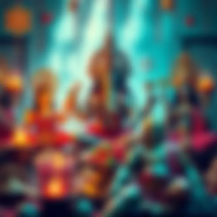 A colorful representation of Hindu gods surrounded by pagan symbols in a festive setting
