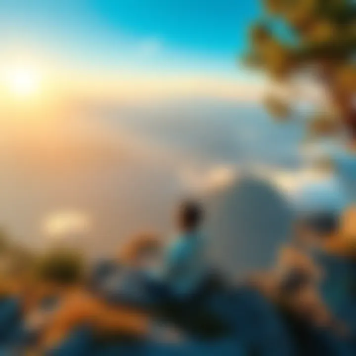 A person meditating on a mountain top, surrounded by nature, symbolizing escape from desires and the illusion of maya.