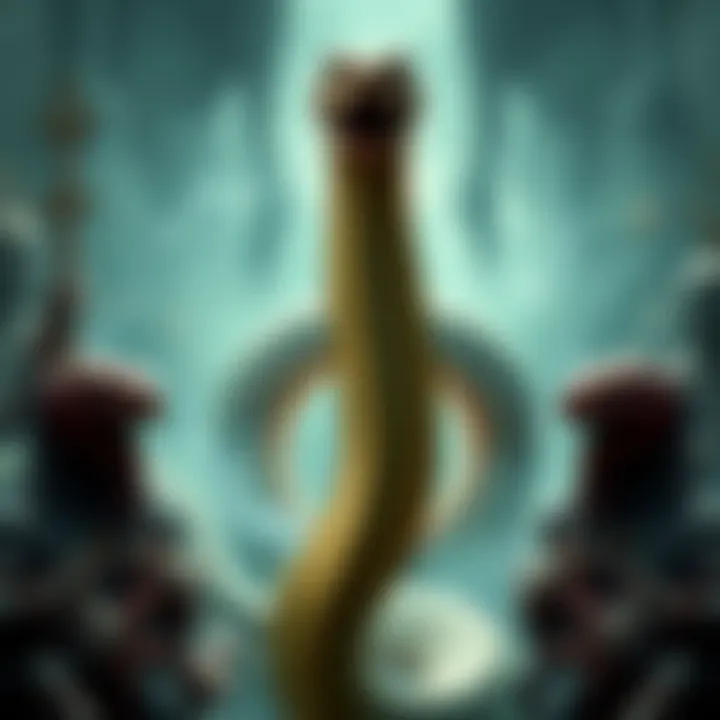 An illustration showing serpent figures from Hindu and Naga-Maya cultures intertwined with ancient American symbols