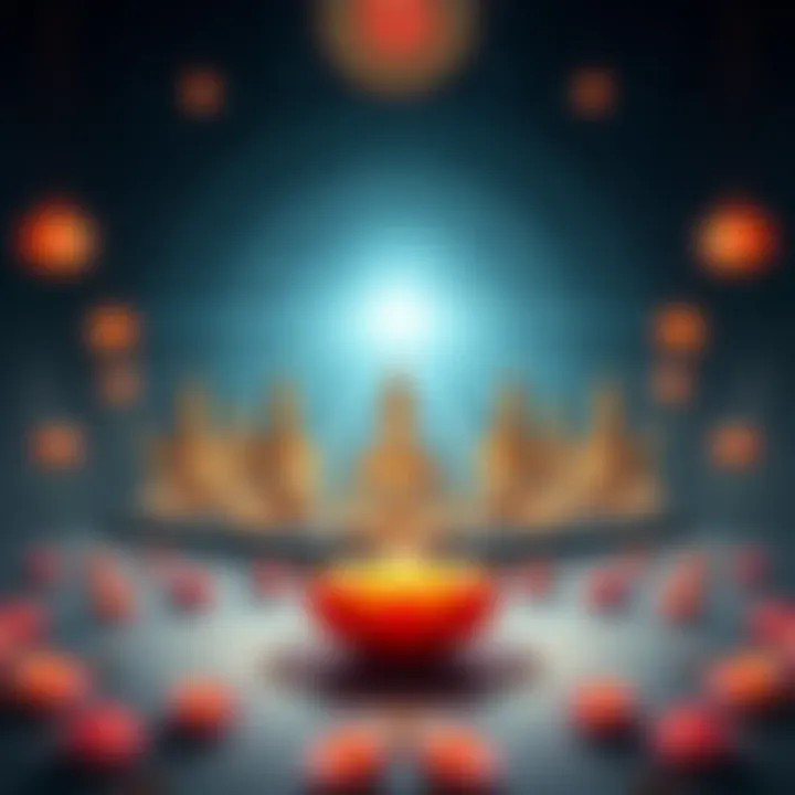 An artistic representation of Advaita Vedanta philosophy, featuring serene figures meditating, surrounded by symbols of spirituality like lotus flowers and light rays, conveying a sense of divine pote...