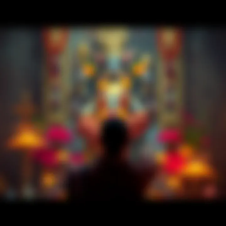 A Hindu person praying in front of a Maa Kali idol surrounded by flowers and candles
