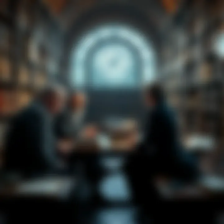 Historians Discuss Time Travel A group of historians in a library discussing time travel concepts and their impact on history, with books and historical artifacts around them.