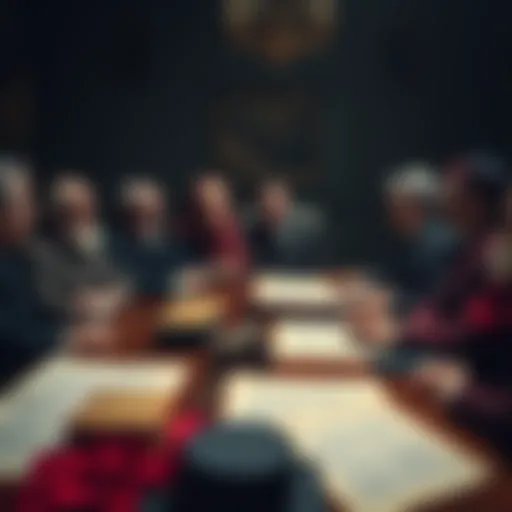 A vintage photograph depicting a group of leaders discussing a declaration as historical documents are spread across a table, symbolizing Judea's 1933 declaration of war.