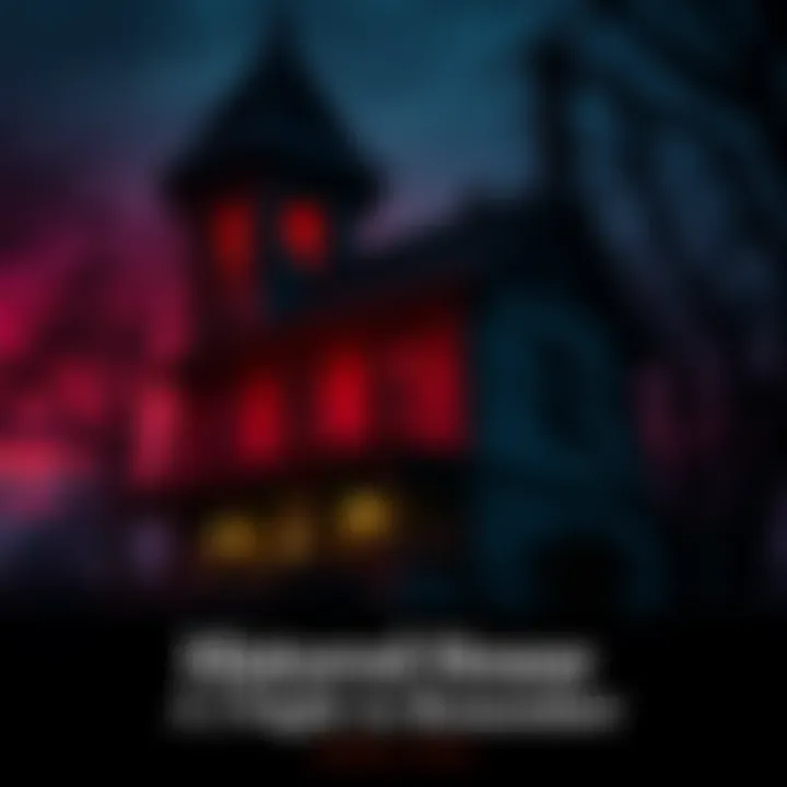 A spooky old house with broken windows and a dark sky, surrounded by trees, creating an eerie atmosphere.