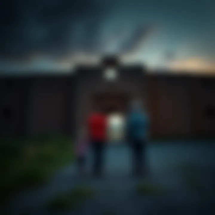 Historic Army Fort at Dusk An old army fort in South Dakota at dusk, showing its weathered walls and eerie shadows, with a family standing near the entrance looking curious and cautious.