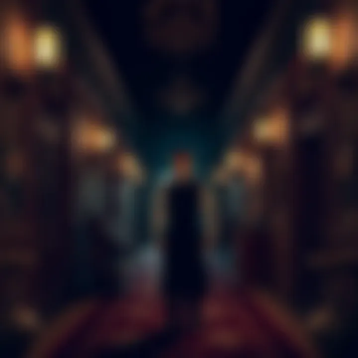 A server stands in a grand, old hotel hallway, surrounded by vintage decor and dim lighting. Eerie shadows hint at strange occurrences within the building.