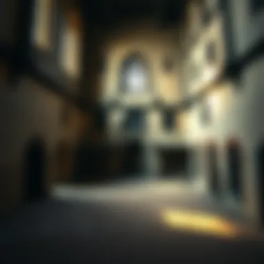 A view of the courtyard in a 1500s Devon manor, featuring unique symbols on the ground and walls.