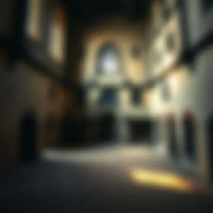 A view of the courtyard in a 1500s Devon manor, featuring unique symbols on the ground and walls.