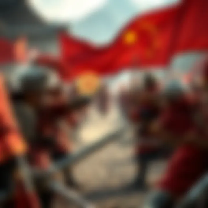 A depiction of a historical conflict between Amdo warriors and Chinese forces, showcasing traditional attire and weapons of both sides.