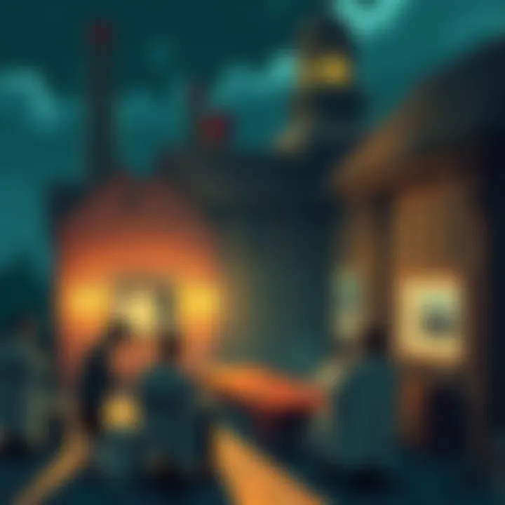 Illustration depicting early psychiatric practices, showcasing community discussions and mental health management before the Industrial Revolution