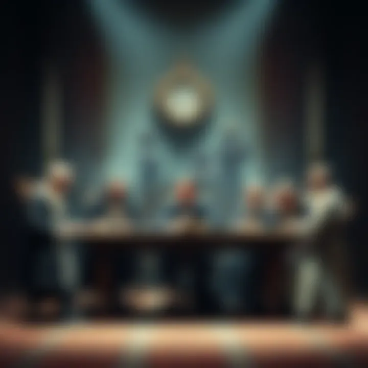 A group of historical figures gathered around a table discussing divisive ideologies and their impact on society today.