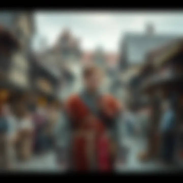 A person dressed in medieval attire stands in a bustling village square, surrounded by people and shops from the past.