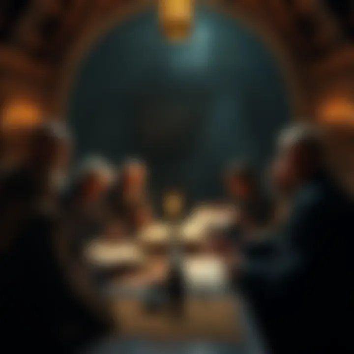 A group of people discussing lost historical events in a dimly lit medieval-style setting, surrounded by ancient manuscripts and maps.