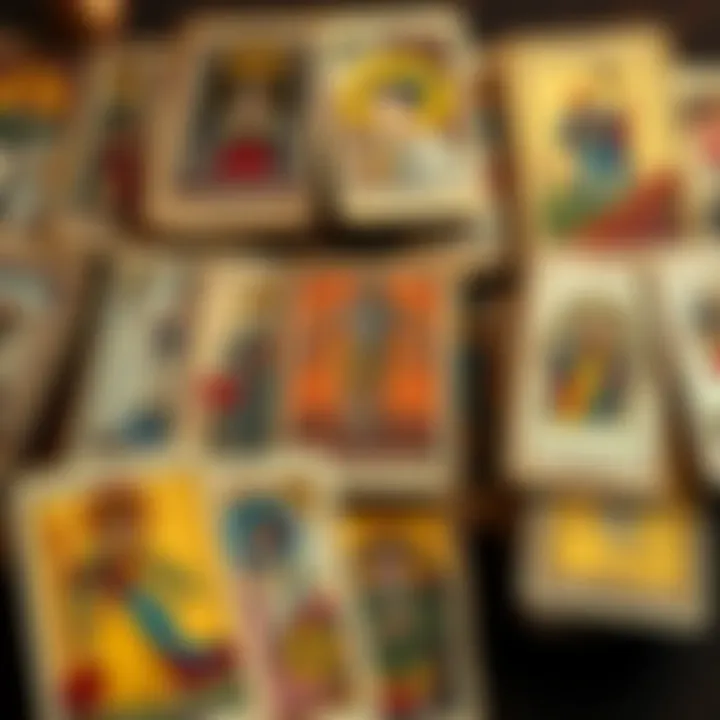 A display of various historical tarot decks including Etteilla and Thoth designs, showcasing their vintage artwork and card styles.