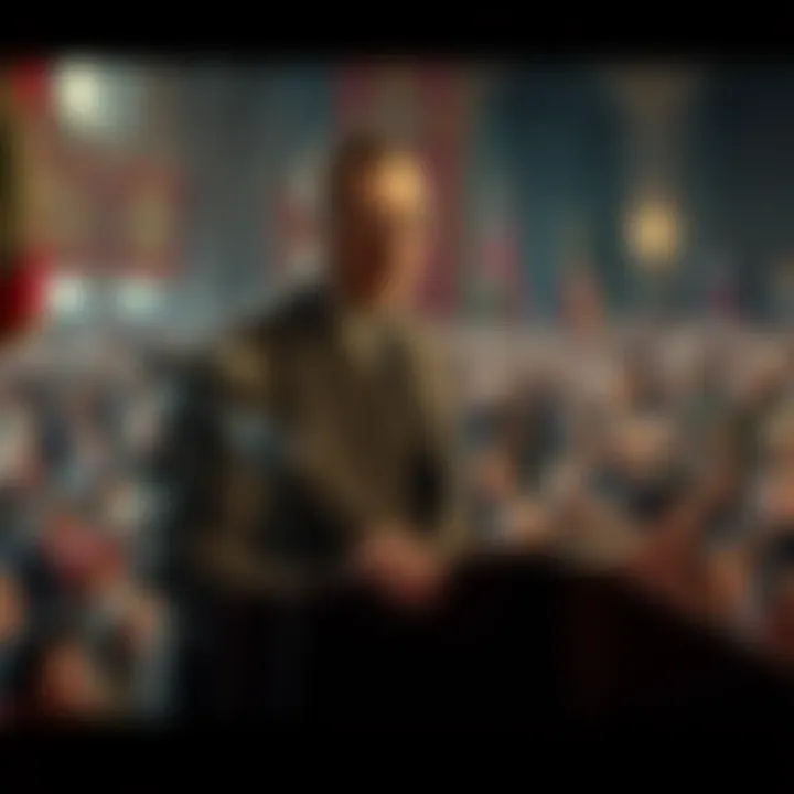 A historical image of Adolf Hitler speaking at a podium with a large crowd in front of him, illustrating his fervent speeches on anti-Semitic beliefs.