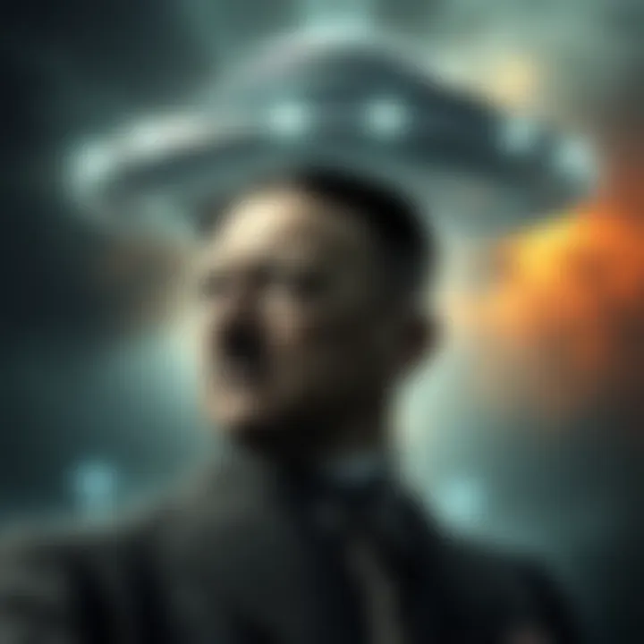 A historical depiction of Hitler with a shadowy UFO in the background symbolizing the secret alien technology and its connection to WWII and the Cold War.