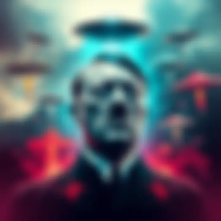An artistic representation of Adolf Hitler surrounded by UFOs and alien symbols, suggesting a link between historical events and extraterrestrial life.