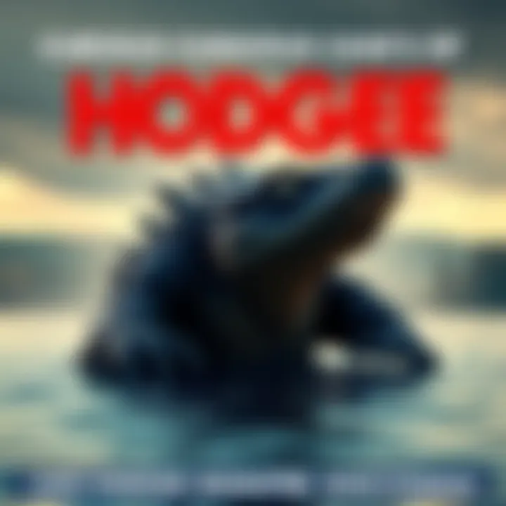 A large, mysterious creature partially submerged in the water of Lake Hodges, with trees and hills in the background.