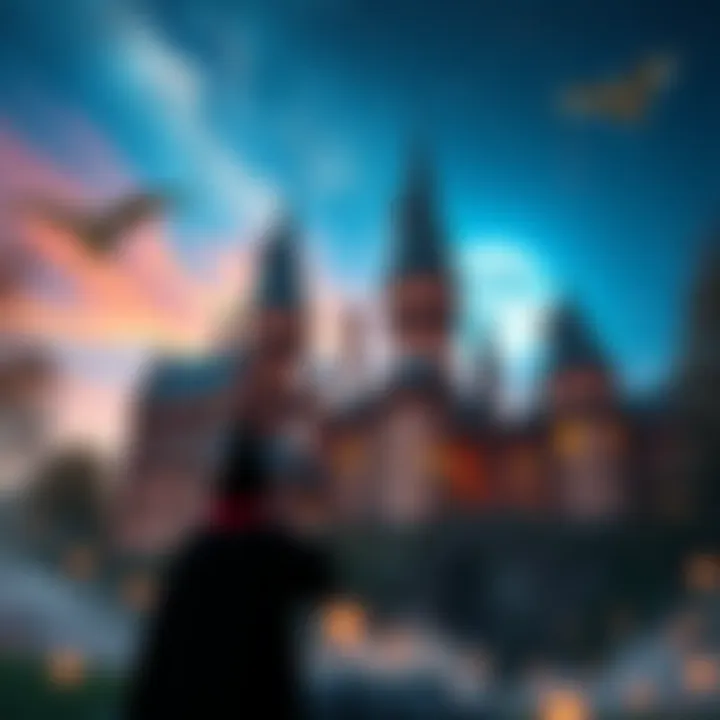A magical scene depicting a Hogwarts-style castle under a starry sky, with a person in wizard robes looking towards it, surrounded by floating magical elements.