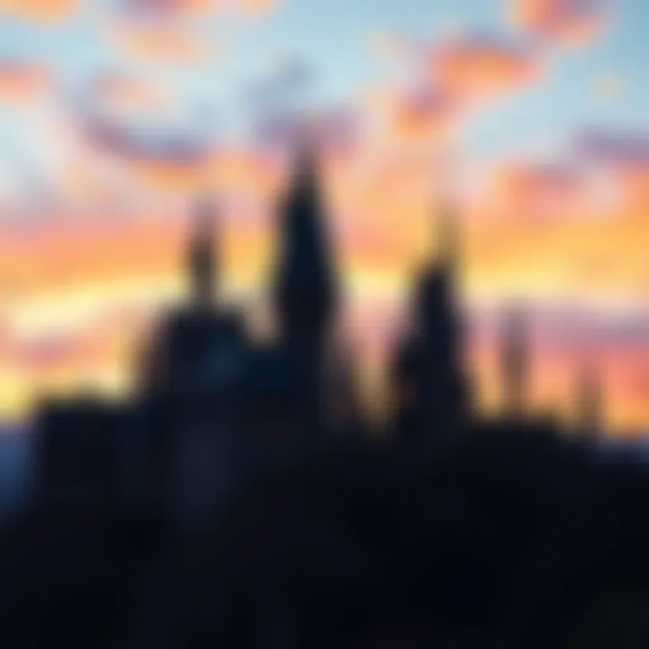 A picturesque view of Hogwarts School with its iconic towers and a sunset sky behind it, creating a magical atmosphere.