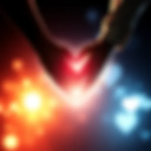 Two people holding hands with a glowing heart symbol in the background, representing the connection between love and willpower.