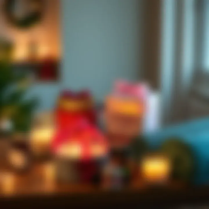 A variety of thoughtful holiday gifts such as candles, essential oils, and yoga mats displayed on a table