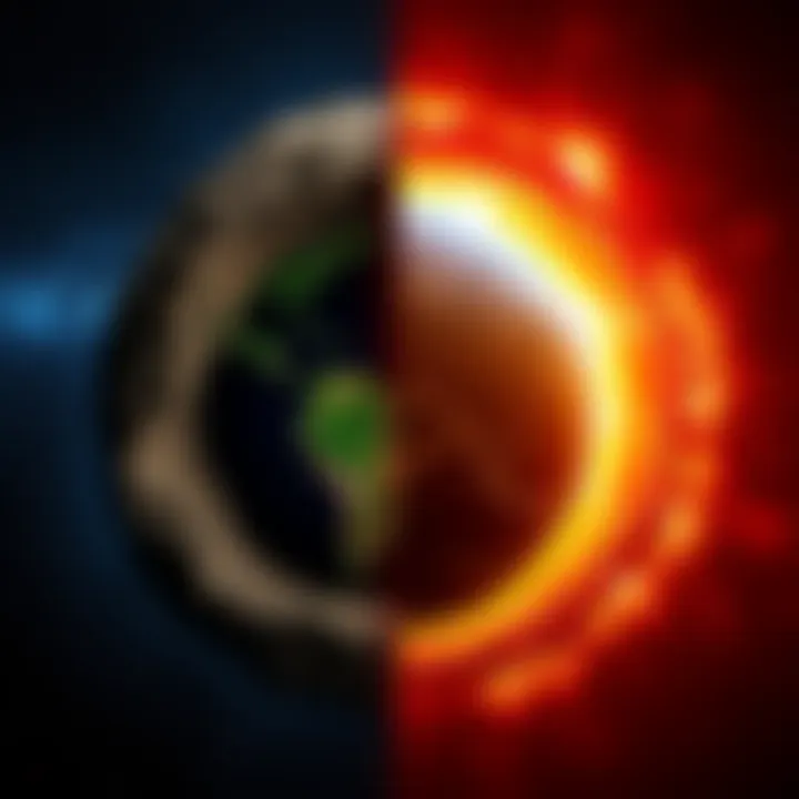 A visual representation contrasting Hollow Earth and Concave Earth theories, featuring a split view of a hollow globe on one side and a concave globe on the other.